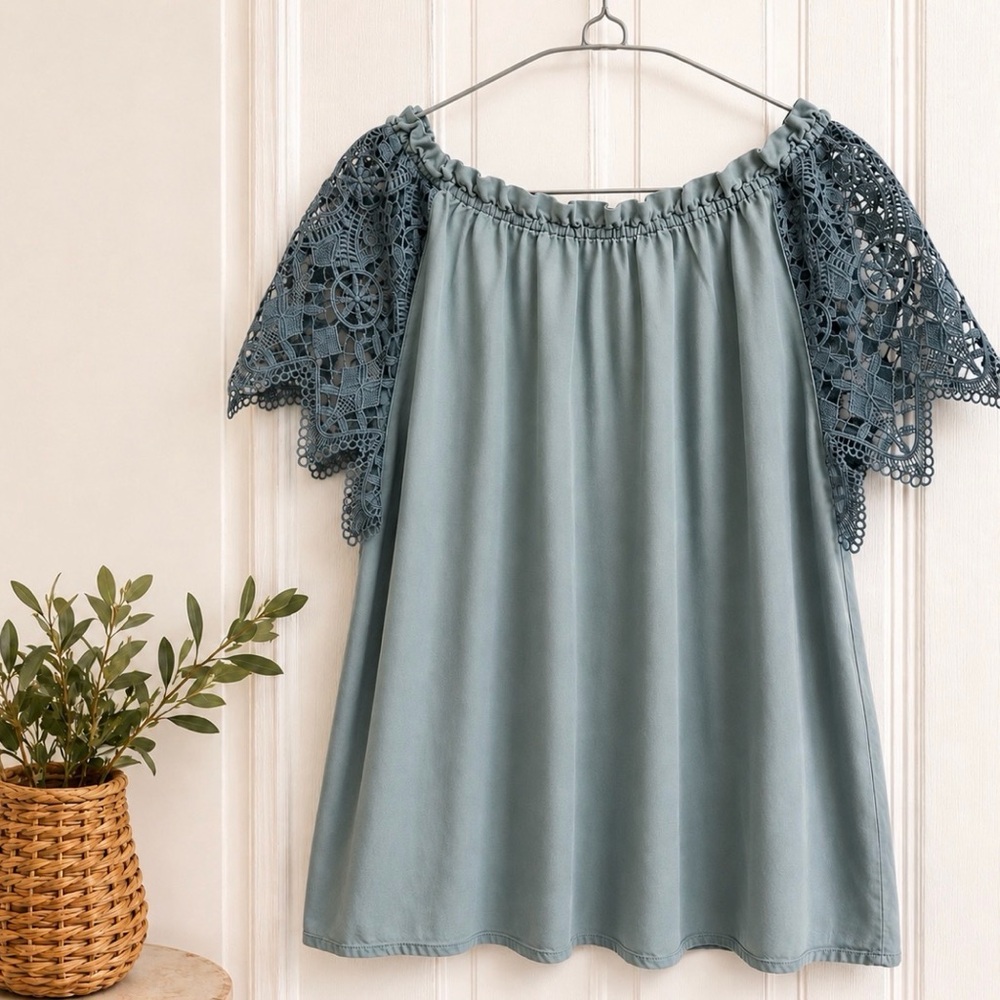 Cavalini Sage Blue Tencel Off Shoulder Lace Sleeve Boho Blouse Top L - Picture 3 of 3